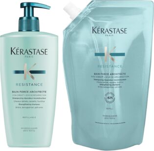 Kerastase Resistance Force Architecte Shampoo and Refill Pouch - Rebuilds & Nourishes Damaged Fibers, Smooths & Illuminates Hair, For Damaged Hair, 16.9 Fl Oz