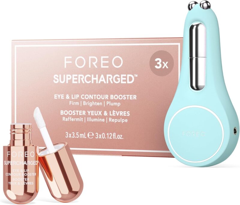 Set FOREO A Wink 'n' a Smile - Appareil anti rides à micro-courant BEAR 2 eyes & lips + Serum FOREO SUPERCHARGED Eye & Lip Contour Booster 3x3,5 ml - Traitement anticernes et appareil repulpant lèvres