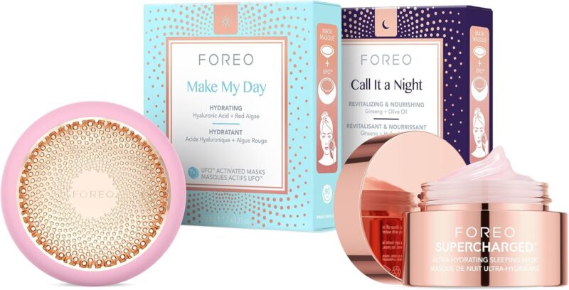 Set FOREO Hyper Hydra UFO 3 - Appareil hydratant visage + 14 masques activés par UFO + Masque hydratant nuit 75 ml - Thérapie par lumière rouge, thermo et cryothérapie, massage T-Sonic - Soin anti-âge
