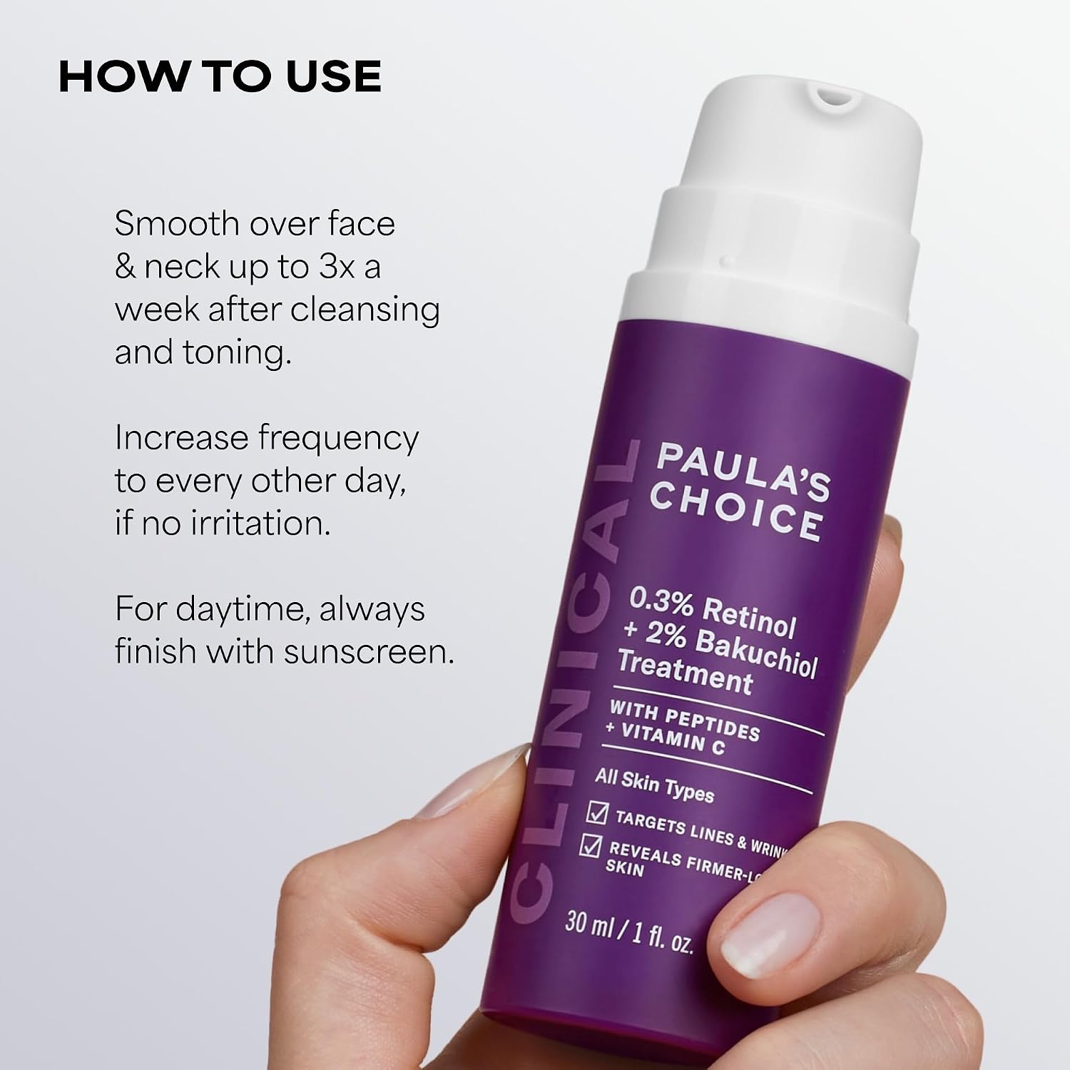 Paula's Choice CLINICAL 0.3% Retinol + 2% Bakuchiol Face Serum Treatment, Anti-Aging Serum for Face with Ceramides, Hylauronic Acid, Vitamin C & E, Deep Wrinkles & Fine Lines, Fragrance-Free, 1 oz - Image 3