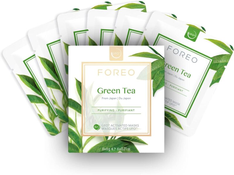 FOREO Green Tea, masque facial UFO pour peaux grasses et imperfections, pack de 6 unités, antioxydant, hydratant, extrait de thé vert et d'ulmus, naturel et non testé sur les animaux