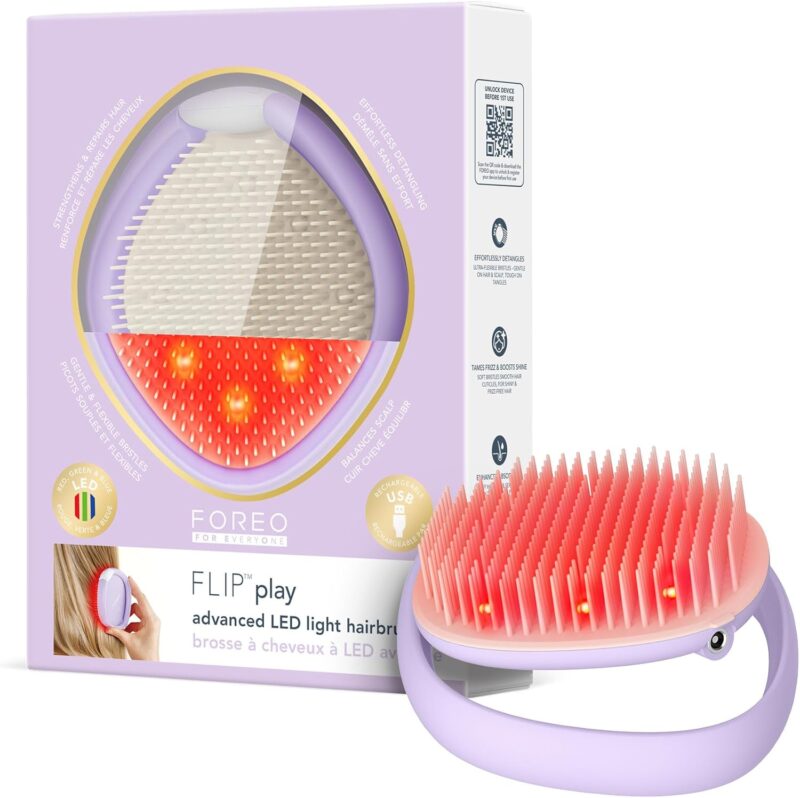 FOREO FLIP Play Brosse Démêlante Cheveux LED Avancée – Brosse Démêlante 3-en-1 pour Massage du Cuir Chevelu - Lumières Rouge, Bleue et Verte pour des Cheveux à l’Aspect Plus Fort et Dense