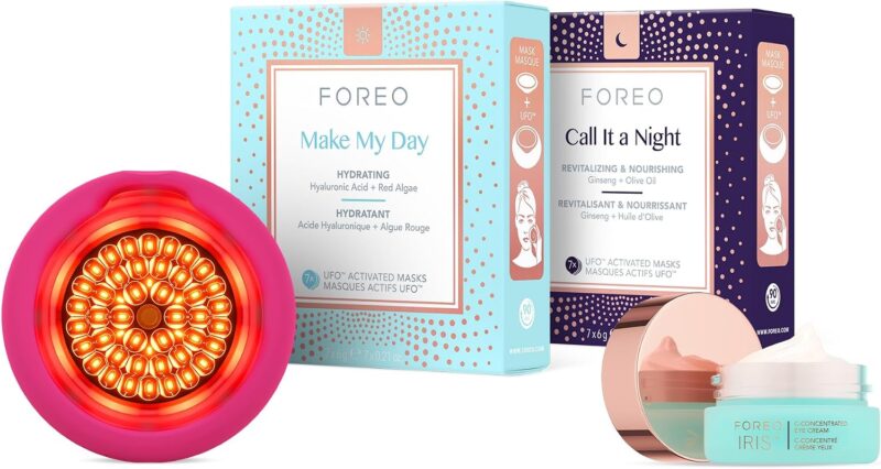 Set FOREO to Lovely UFO 3 LED - Appareil visage + 14 masques activés par UFO + IRIS C-Concentré crème yeux 15ml - Crème hydratante visage - Luminothérapie LED spectre complet, NIR et lumière rouge