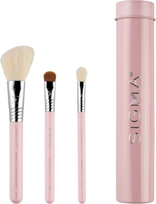 Sigma Beauty Travel Essential Trio – Lot de 3 pinceaux de maquillage pour fond de teint, poudre, fard à paupières, avec support en étain, sans danger pour la peau, pinceaux de maquillage végétaliens