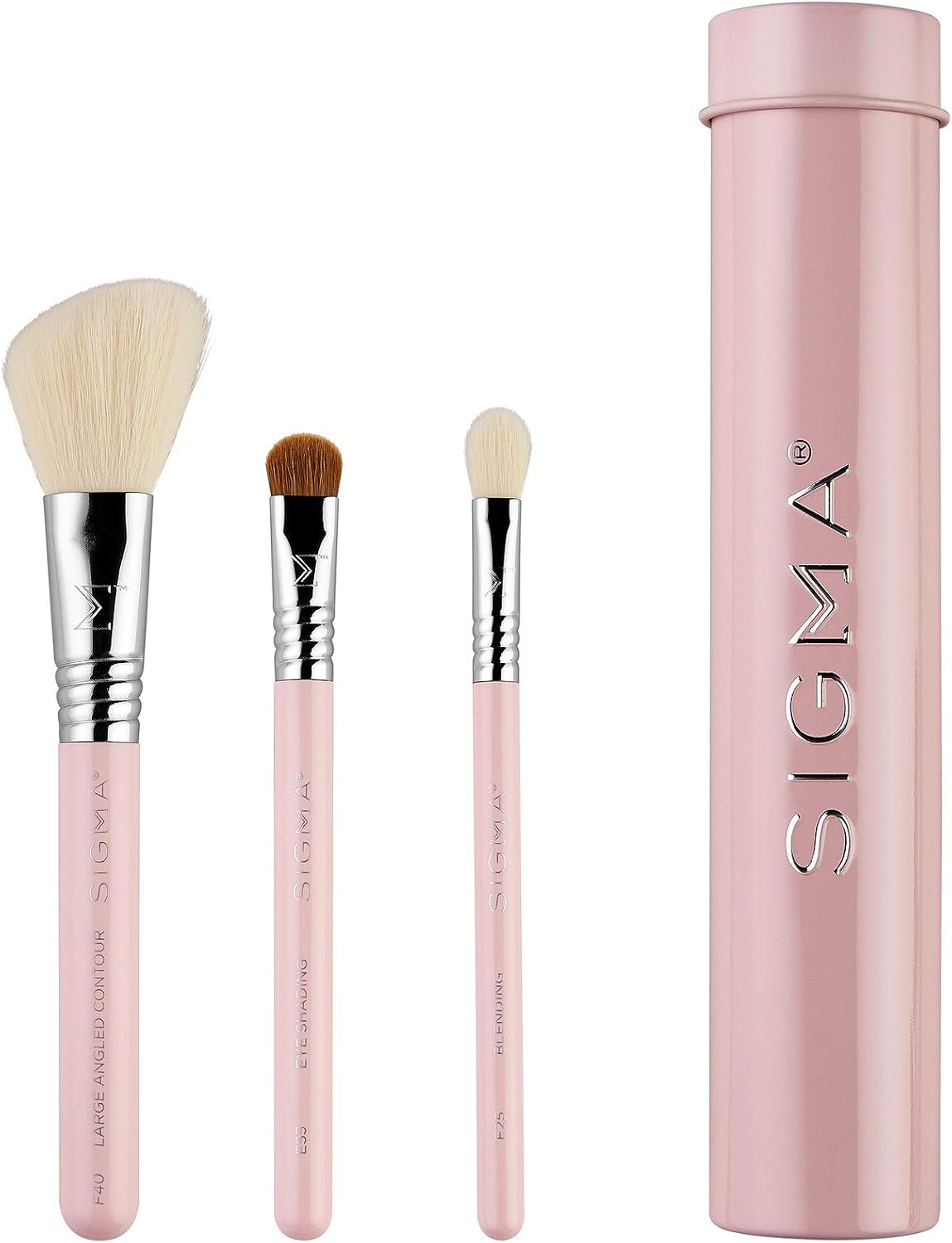 Sigma Beauty Travel Essential Trio – Lot de 3 pinceaux de maquillage pour fond de teint, poudre, fard à paupières, avec support en étain, sans danger pour la peau, pinceaux de maquillage végétaliens