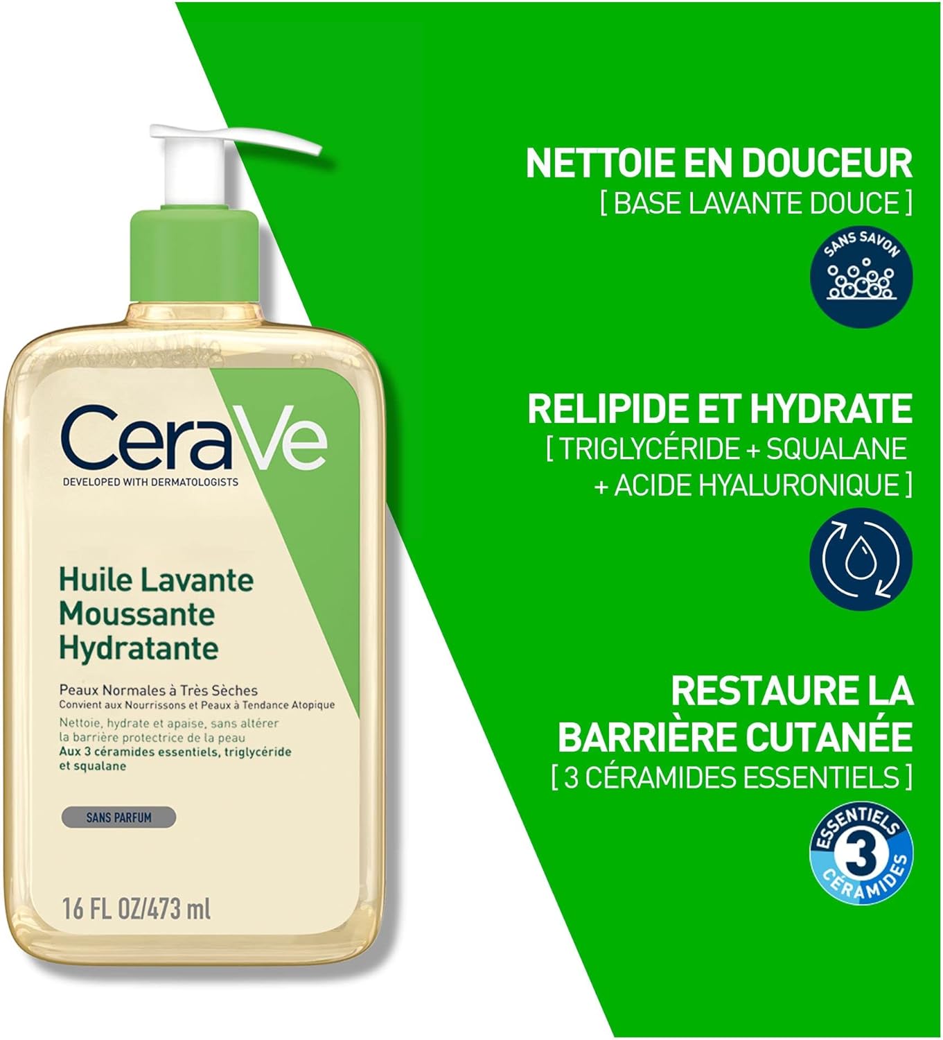 CeraVe - Huile Lavante Moussante Hydratante - Hydrate et Apaise Sans Altérer la Barrière Cutanée - Céramides, Triglycérides, Squalane - Peau Normale à Très Sèches, à Tendance Atopique - 473 ml - Image 2