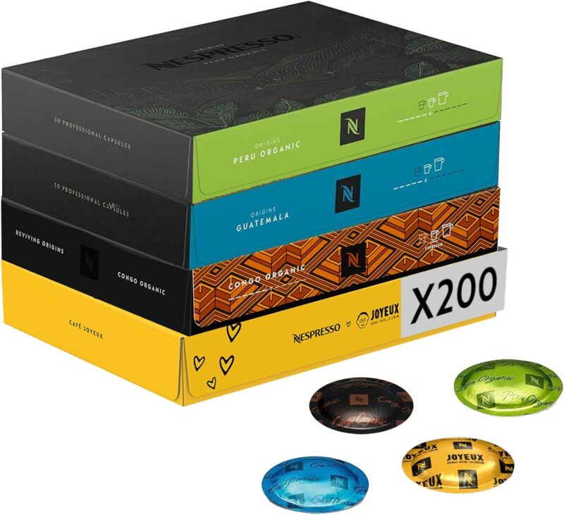 Nespresso Professionnel - Bundle 200 Capsules cafés - SELECTION PUR ARABICA - 50x Café Joyeux, 50x Guatemala,50x Peru, 50x Congo Organic - Adapté aux professionnels
