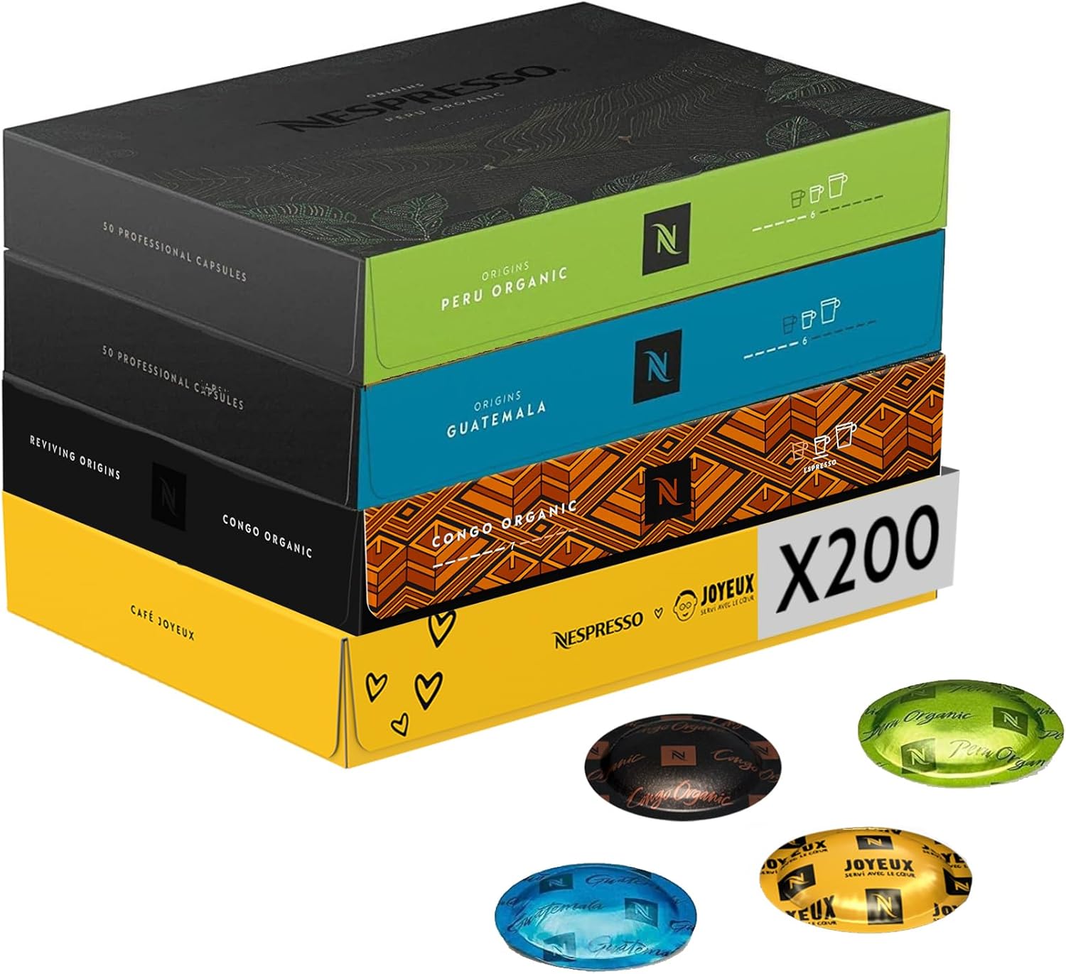 Nespresso Professionnel - Bundle 200 Capsules cafés - SELECTION PUR ARABICA - 50x Café Joyeux, 50x Guatemala,50x Peru, 50x Congo Organic - Adapté aux professionnels