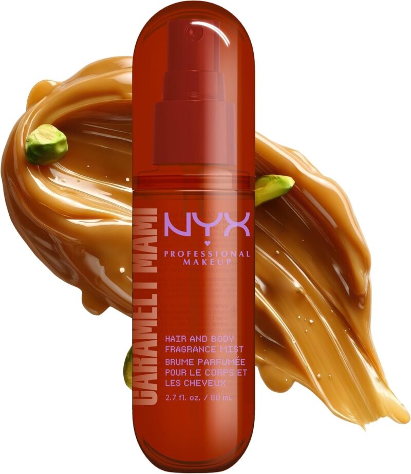 NYX Professional Makeup Fat Oil Body Brume Parfumée Caramelt Mami 80ml | 2-en-1 corps & cheveux, Notes gourmandes amandier jasmin, Alternative légère parfum, Format nomade retouches