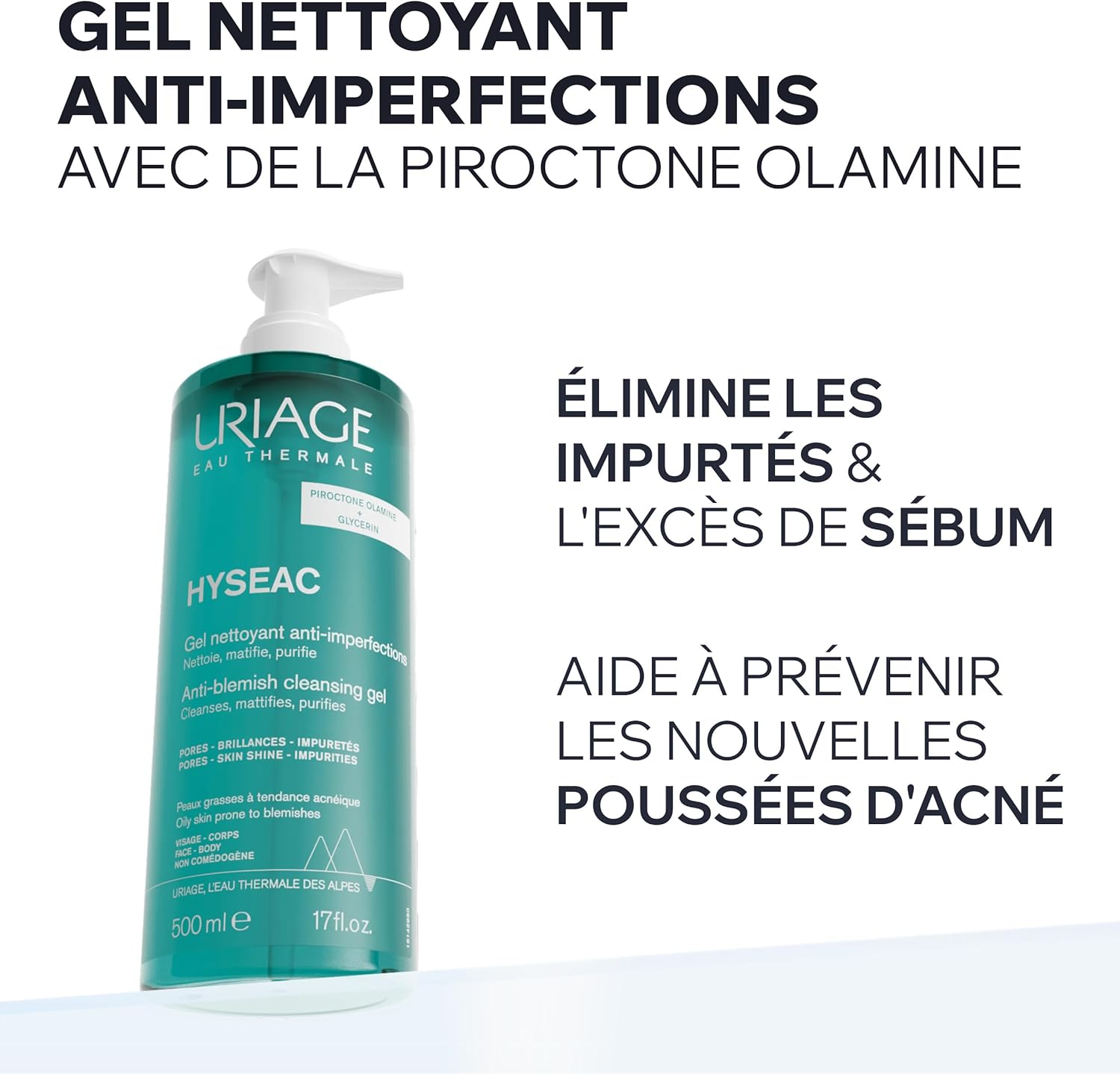 Uriage Hyseac Gel Nettoyant Anti-Imperfections Visage et Dos - Nettoie en Douceur & Purifie - Élimine l'Excès de Sébum - Pour Peaux Grasses à Tendance Acnéique - Sans Savon - pH Physiologique - 500 ml - Image 2