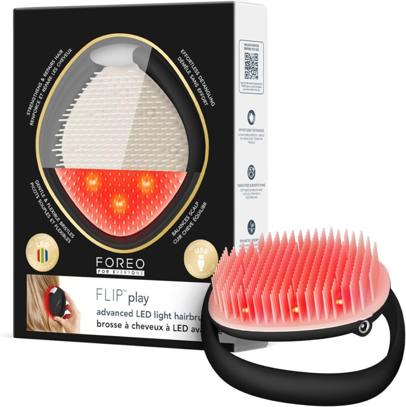 FOREO FLIP Play Brosse Démêlante Cheveux LED Avancée – Brosse Démêlante 3-en-1 pour Massage du Cuir Chevelu - Lumières Rouge, Bleue et Verte pour des Cheveux à l’Aspect Plus Fort et Dense