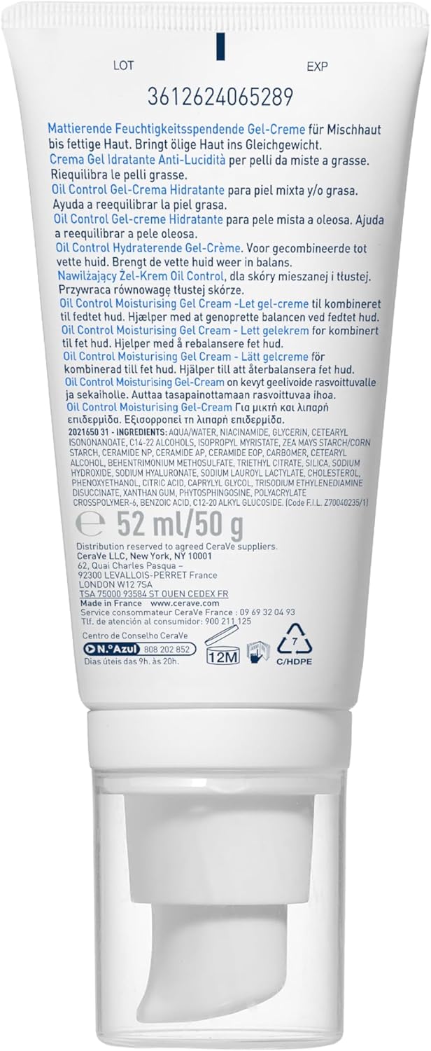 CeraVe - Gel-Crème Hydratant Visage Oil Control - Hydrate en Continu, Restaure la Barrière Cutanée, Apaise - 3 Céramides Essentiels, Niacinamide, Acide Hyaluronique - Peau Mixte à Grasse - 52 ml - Image 2