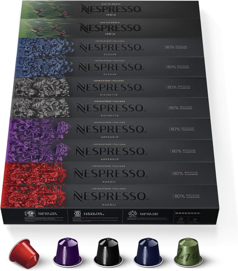 Nespresso Original - Bundle 100 Capsules de Café - Torréfaction Intense, Intensité Forte - 20x Napoli - 20x India - 20x Arpeggio - 20x Ristretto - 20x Kazaar