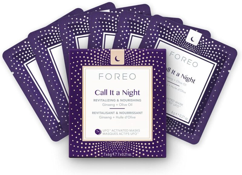 FOREO Masque actif UFO Call it a Night pour peau sèche et mature, pack de 7, revitalisant et nourrissant, ginseng et huile d'olive, cruelty-free, compatible avec tous les appareils UFO