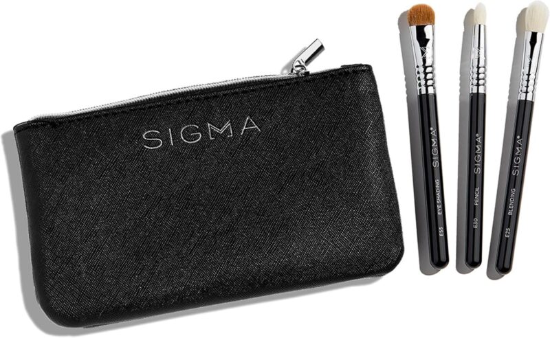 Sigma Beauty Glam 'N Glow Lot de 3 mini pinceaux pour yeux, ombrer, doubler et estomper, trousse noire élégante (4 pièces)