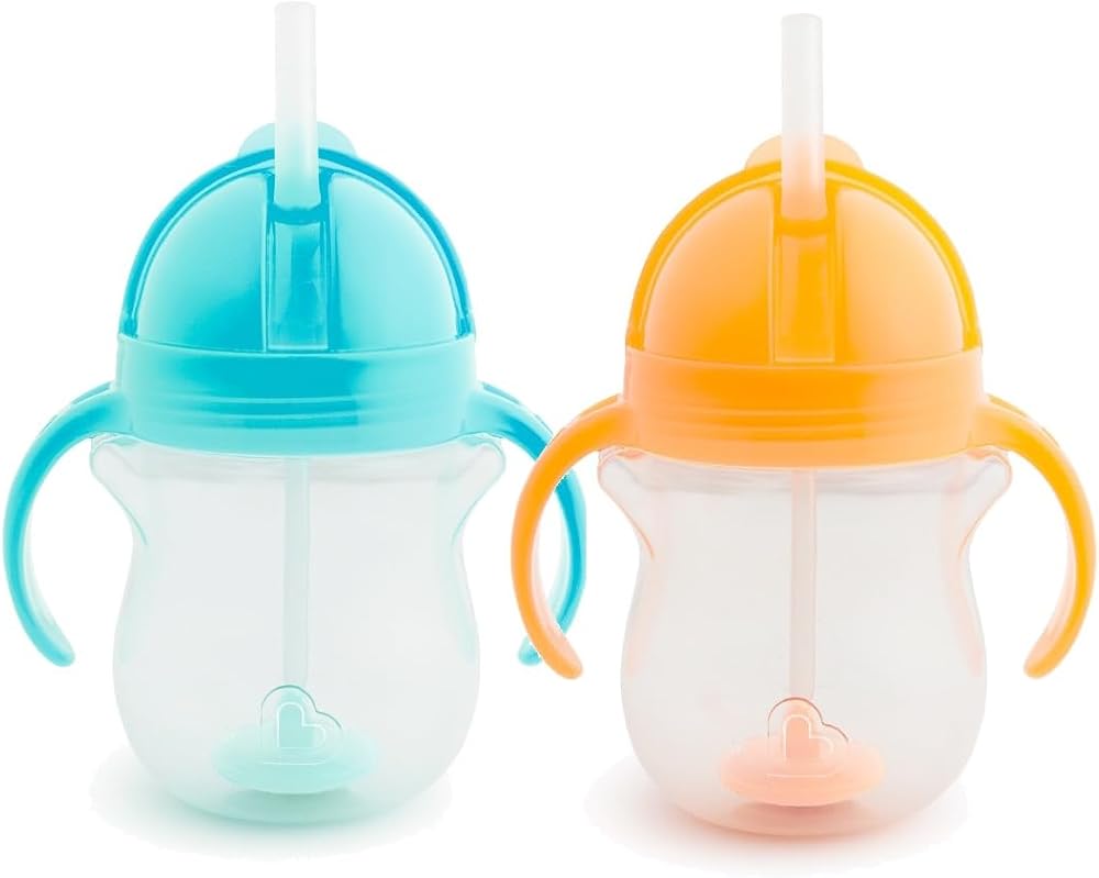 Munchkin Ensemble Tasses à Paille Click Lock Tip & Sip | Tasses Sippy Bébé & Tout-Petit | Sans BPA | Étanche | Paille Lestée | Biberons 7 oz / 207 ml | Pack de 2 | Bleu/Orange