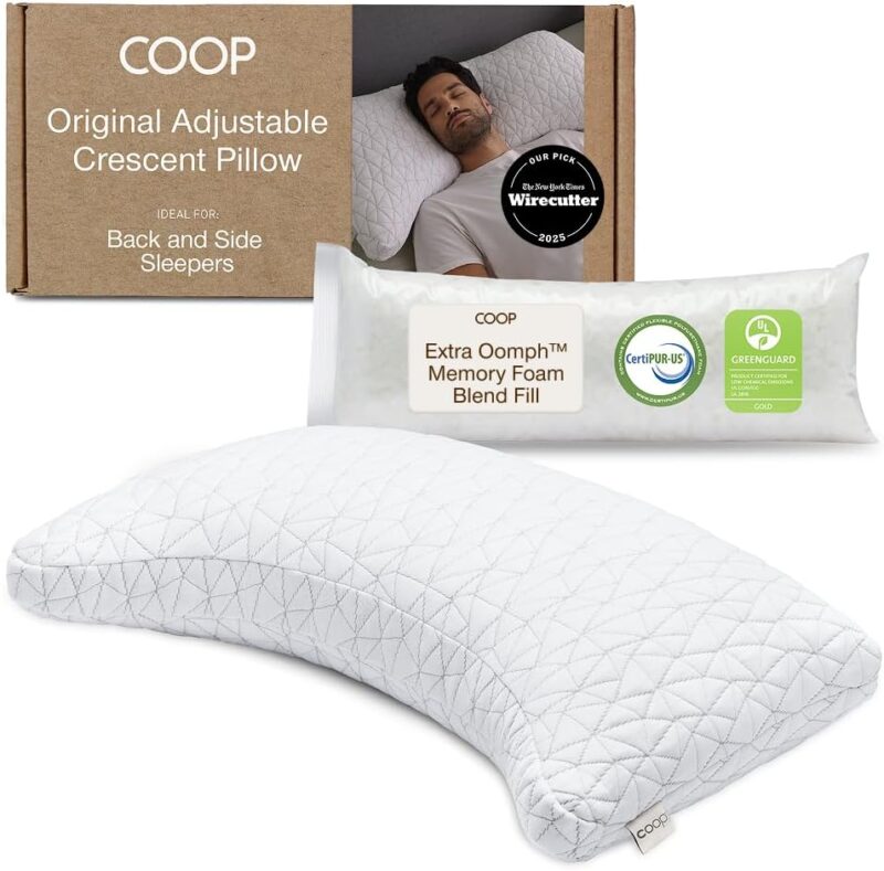 Coop Home Goods CertiPUR-US/GREENGUARD Oreiller réglable en forme de croissant de mousse pour grand lit – Ferme moyenne pour les personnes dormant sur le dos et sur le côté, CertiPUR-US/GREENGUARD