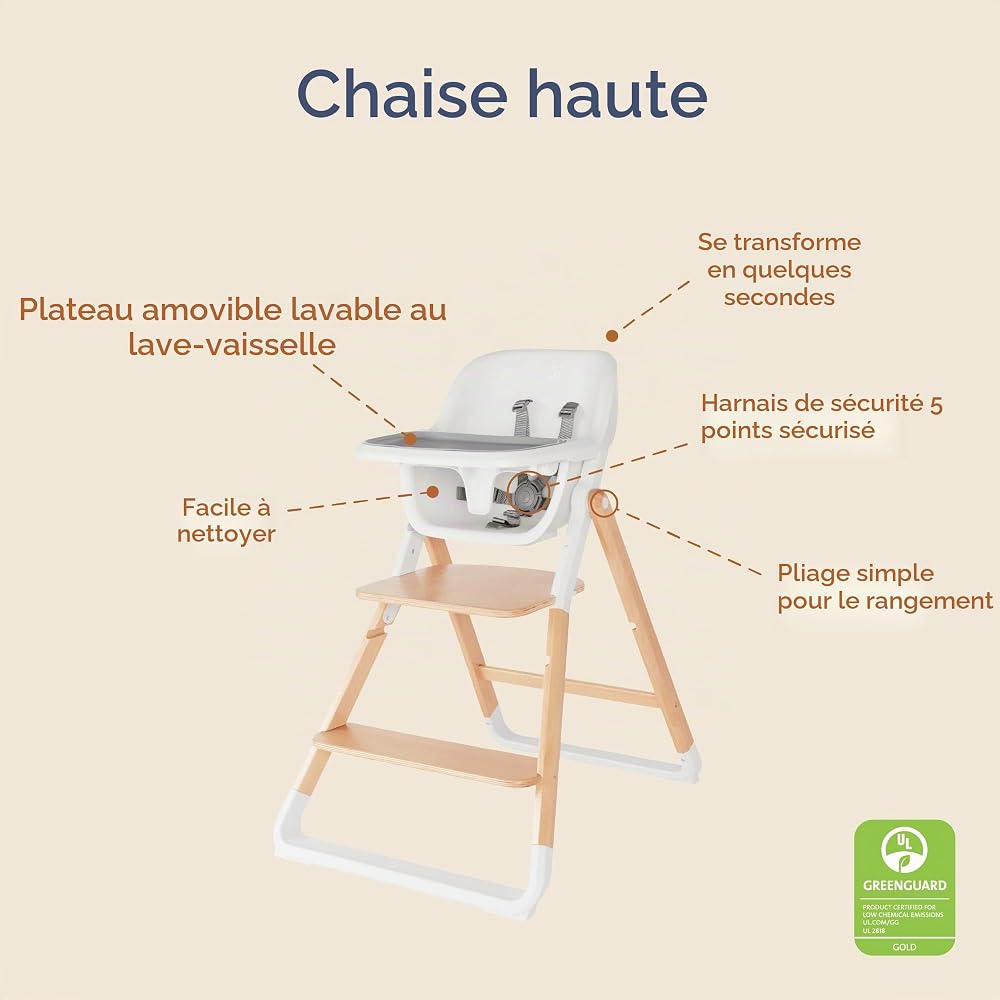 Ergobaby Chaise Haute Evolve, Chaise haute ergonomique pour bébés Évolutive à partir de 6 mois, Chaise haute pour bébés avec harnais à 5 points, pour enfants avec assise réglable, Natural Wood - Image 7