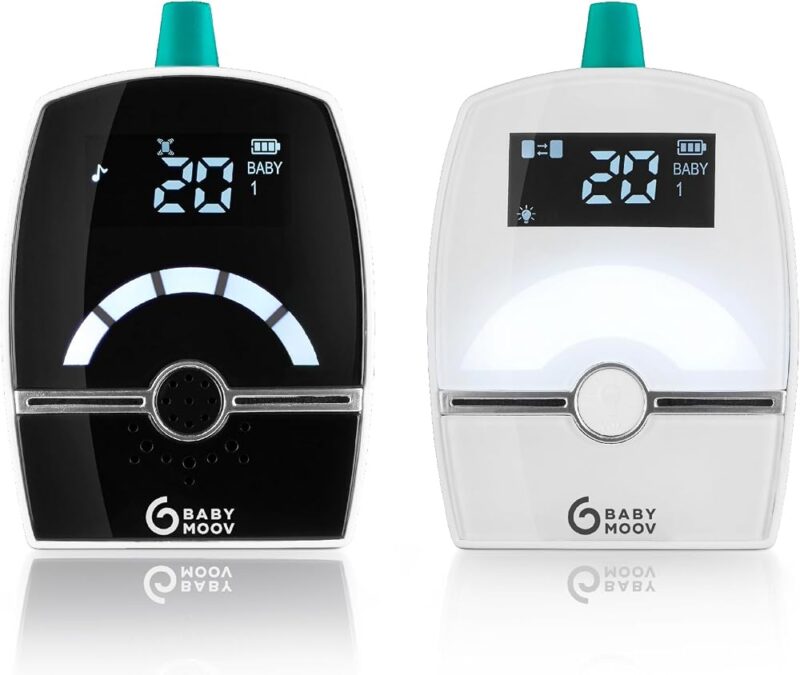 Babymoov Babyphone Audio Premium Care, Faible Emission d'Ondes avec Détecteur de Mouvement, Portée 1400m, Veilleuse, Berceuses, Capteur de Température, Talkie-Walkie