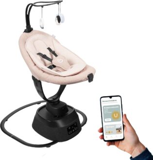 Babymoov Balancelle Bébé Eléctrique Swoon Evolution Mocca-Connectée avec Application mobile -Streaming musical, Enregistrement de voix et Berceuses personnalisées -Assise 360°-Réducteur nouveau-né