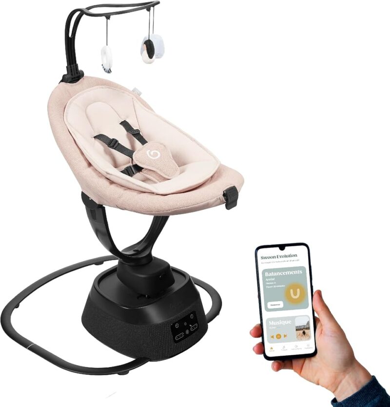 Babymoov Balancelle Bébé Eléctrique Swoon Evolution Mocca-Connectée avec Application mobile -Streaming musical, Enregistrement de voix et Berceuses personnalisées -Assise 360°-Réducteur nouveau-né