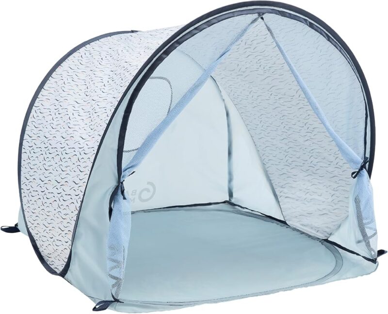 Babymoov Tente Anti-UV Bébé - Haute Protection Solaire FPS 50+ - Moustiquaire Intégrée - Système Pop Up - Grande Tente de Plage, Blue Waves