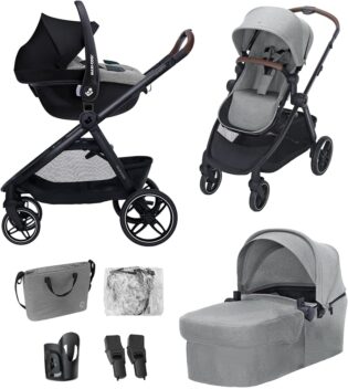 Maxi Cosi Zelia Select Trio, Poussette 3 en 1 Avec Siège auto, 0-4 ans (0-22 kg), Pliage D'une Seule Main, Poussette Trio Compacte et Réversible, Avec Siège auto Bébé CabrioFix S i-Size, Gris