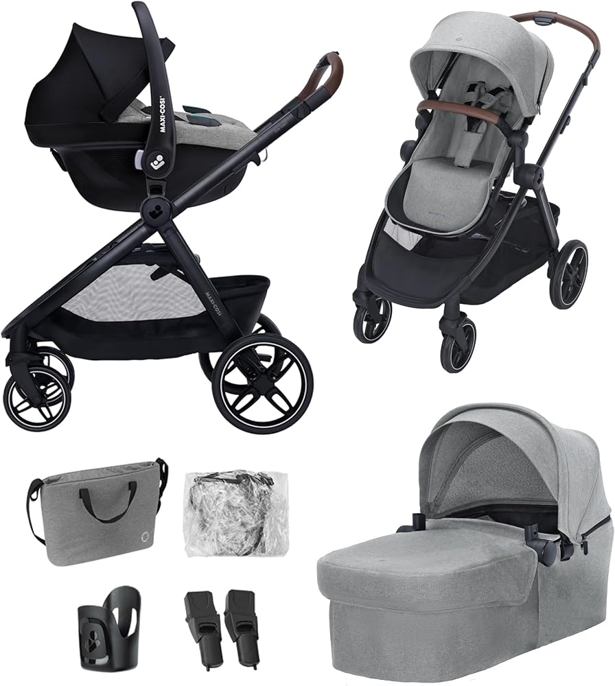 Maxi Cosi Zelia Select Trio, Poussette 3 en 1 Avec Siège auto, 0-4 ans (0-22 kg), Pliage D'une Seule Main, Poussette Trio Compacte et Réversible, Avec Siège auto Bébé CabrioFix S i-Size, Gris