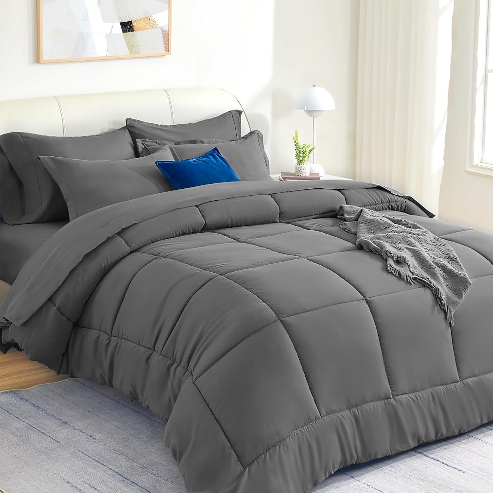 SLEEP ZONE Couette réversible en duvet alternatif pour très grand lit, légère, douce et respirante pour toutes les saisons, côté bleu marine + côté B gris - Image 14