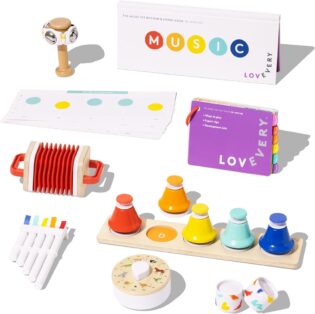 Lovevery | Le Kit Musical | 6 Instruments de Musique et Un Livre de Rythmes et Chansons, Jouet éducatif inspiré Montessori pour Enfants de 18 Mois à 4 Ans