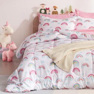SLEEP ZONE Parure de lit 5 pièces en Microfibre Ultra Douce avec Couvre-oreillers pour Enfant - Facile d'entretien - Blanc/Rose - Lit jumeau