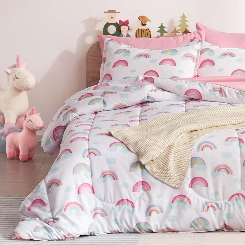 SLEEP ZONE Parure de lit 5 pièces en Microfibre Ultra Douce avec Couvre-oreillers pour Enfant - Facile d'entretien - Blanc/Rose - Lit jumeau