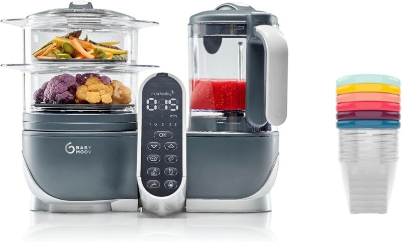 Babymoov Nutribaby(+) Gris + Lot de 6 pots de conservation Babybols 250ml - Robot Multifonctions pour Bébé 6 en 1 - Cuiseur vapeur - Mixeur - Idéal Batchcooking