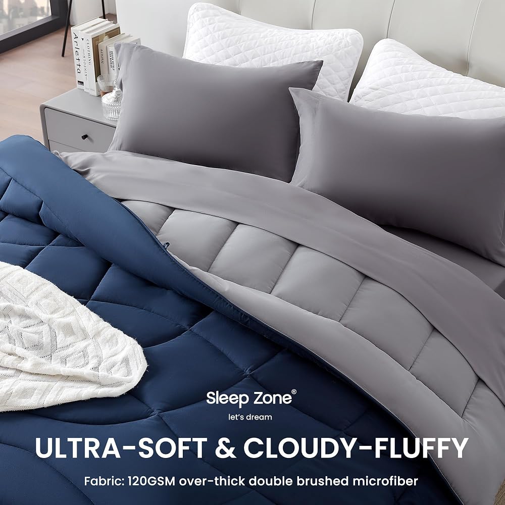 SLEEP ZONE Couette réversible en duvet alternatif pour très grand lit, légère, douce et respirante pour toutes les saisons, côté bleu marine + côté B gris - Image 3