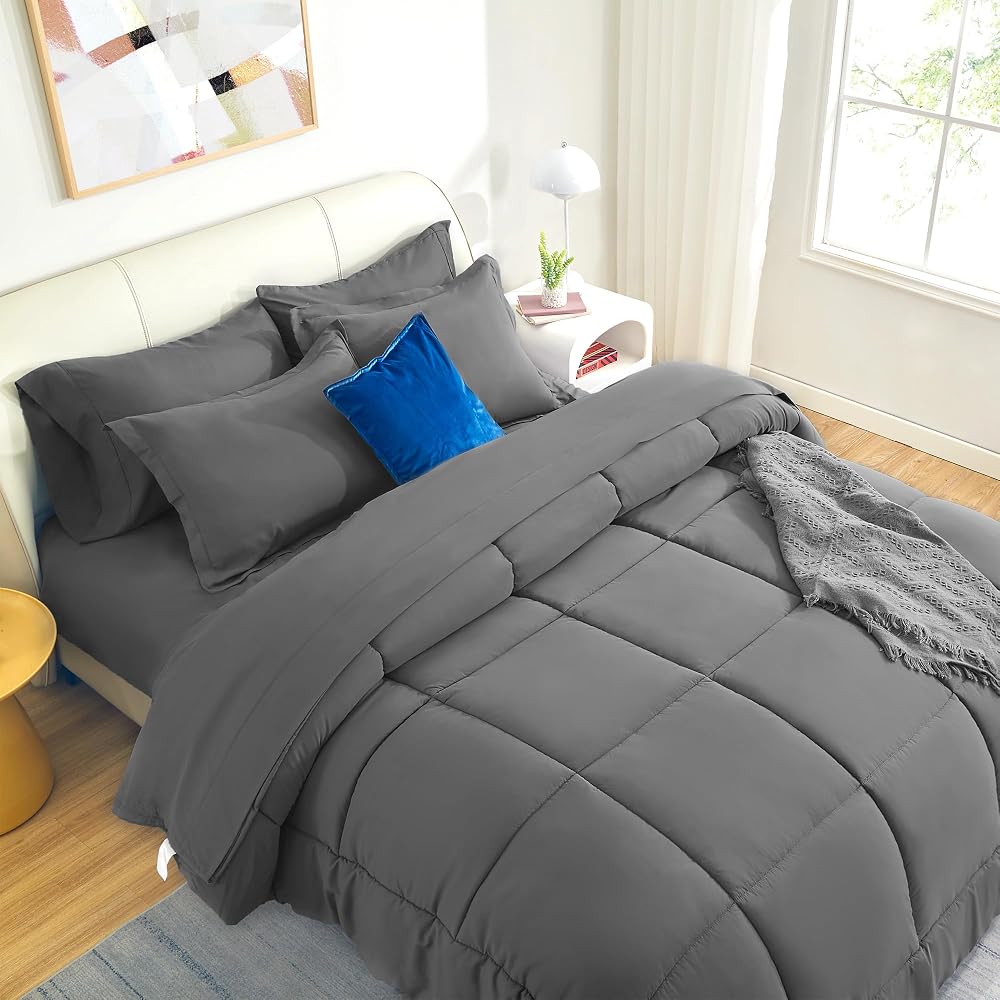 SLEEP ZONE Couette réversible en duvet alternatif pour très grand lit, légère, douce et respirante pour toutes les saisons, côté bleu marine + côté B gris - Image 15