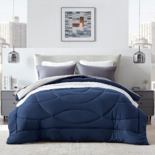 SLEEP ZONE Couette réversible en duvet alternatif pour très grand lit, légère, douce et respirante pour toutes les saisons, côté bleu marine + côté B gris