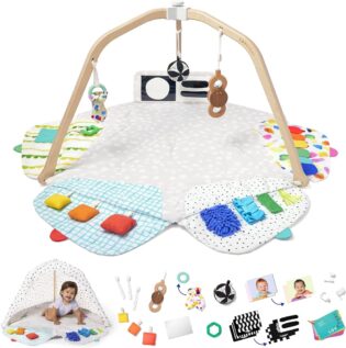 Lovevery Play Gym, Tapis d'Éveil Bébé avec Arche de Jeu en Bois, 5 Zones, Stimulant Le Développement l'enfant, Dès la Naissance, Conçus par des Experts du développement cérébral (Anglais)