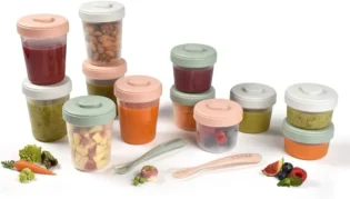 amz-518exf2hfbl-e1ef632a BÉABA, Lot de 12 Portions Conservation et 2 Cuillères Silicone, Clip, Pots empilables et emboîtables, 100% hermétique, Graduation, Congélation, Lait Maternel (2x90 ml & 4x150 ml & 6x250ml), Eucalyptus
