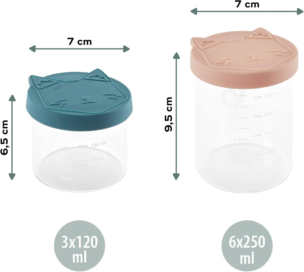 Babymoov ISY BOWLS - 9 Pots de Conservation en Verre Borosilicate Ultra Résistant, 6 Pots Gradués 250ml et 3 de 120ml, Hermétiques et 100% Recyclables