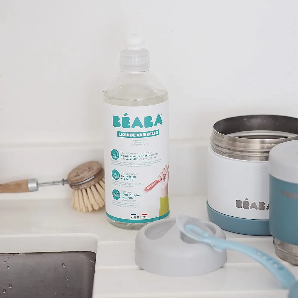 BÉABA, Liquide Vaisselle pour Biberons et Accessoires Repas, 100% d'Origine Naturelle, Made in France, Sans Parfum, Flacons 100% Lot de 2x500 ml