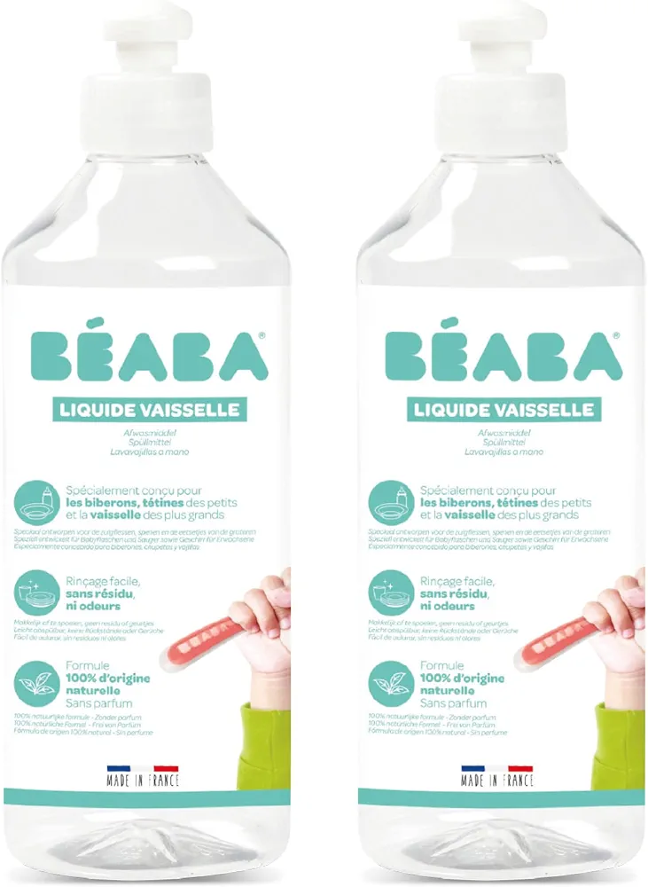BÉABA, Liquide Vaisselle pour Biberons et Accessoires Repas, 100% d'Origine Naturelle, Made in France, Sans Parfum, Flacons 100% Lot de 2x500 ml