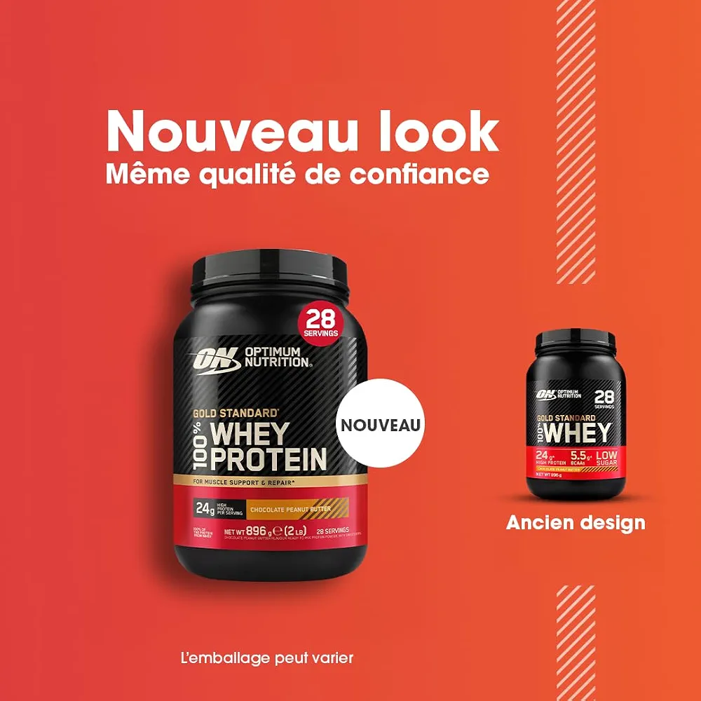Optimum Nutrition Gold Standard 100% Whey Protéine en Poudre, 896 g | Chocolate Peanut Butter, 28 Portions, 24g de Protéines,BCAA,Soutient la Croissance et la Récupération Musculaires