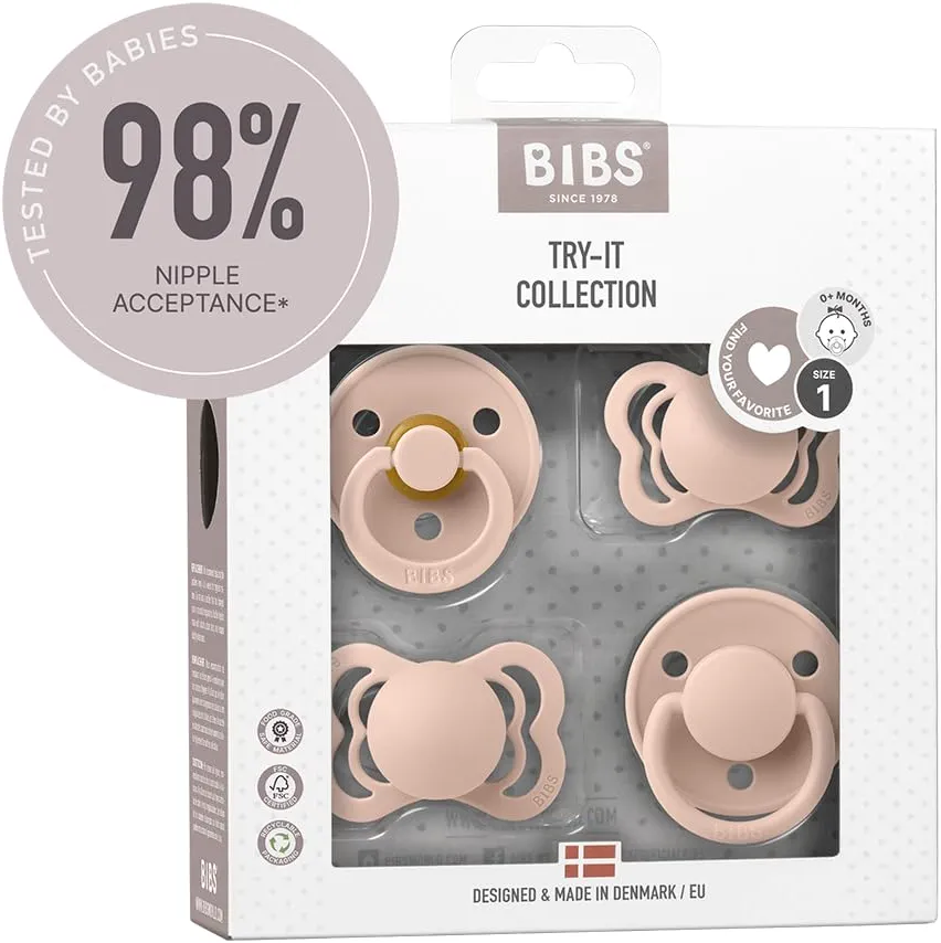 BIBS Try-it Tétine, 0-6 mois, 4-pack, téterelles variées, Blush