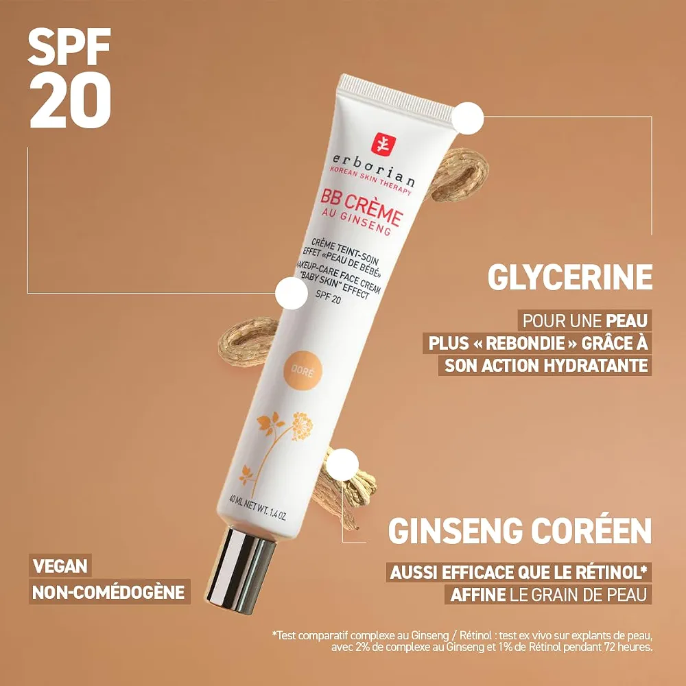 Erborian - BB Crème au Ginseng 5-en-1 - Soin Teinté Perfecteur Effet "Peau de Bébé" - Fond de Teint Couvrant Imperfections - Protection Solaire SPF 20 - Soin Cosmétique Coréen