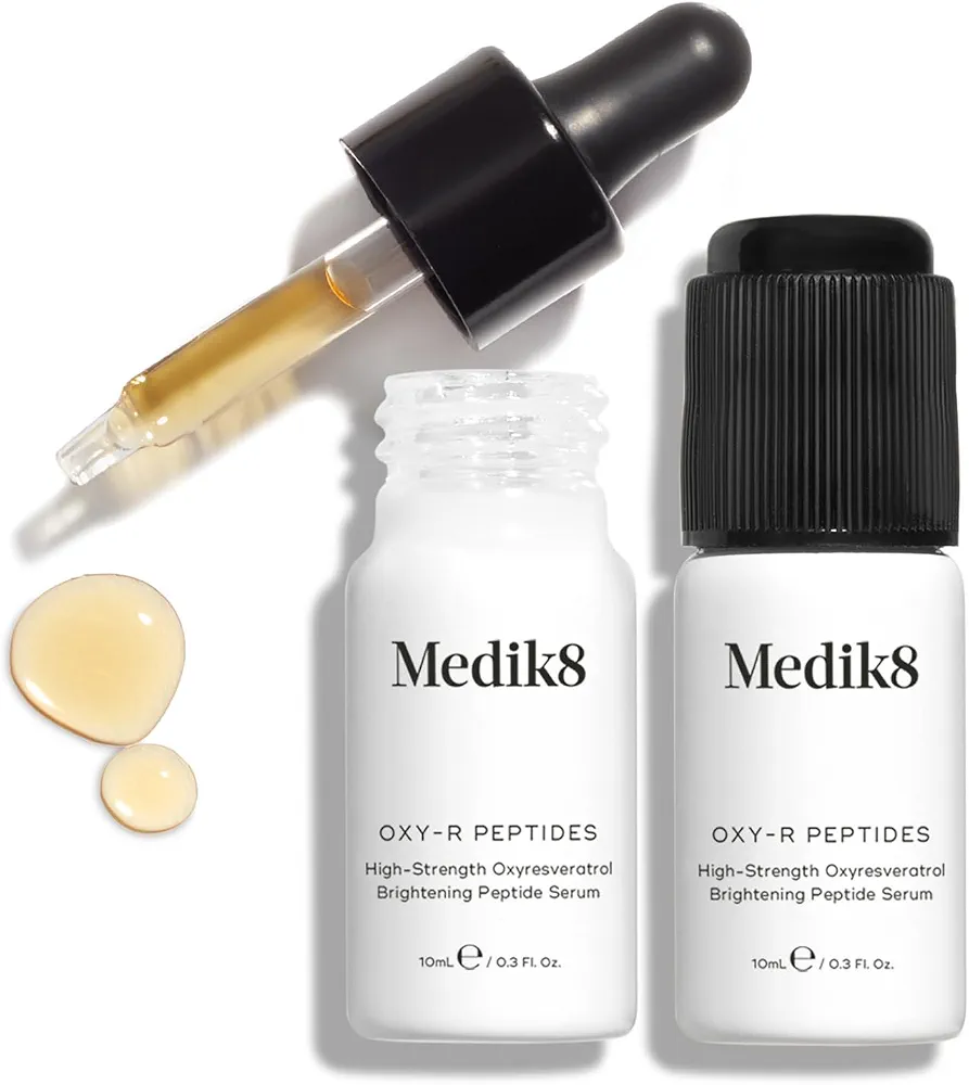 Medik8 Oxy-R Peptides – Sérum de peptide éclaircissant haute résistance 1% Oxyresvératrol avec acide hyaluronique – Éclaircit les taches brunes et la décoloration – 2 x 10 ml