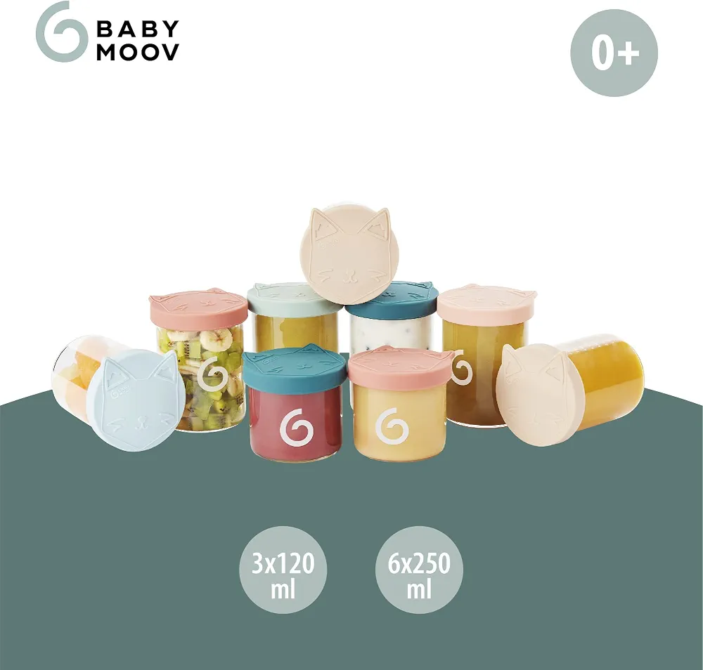 Babymoov ISY BOWLS - 9 Pots de Conservation en Verre Borosilicate Ultra Résistant, 6 Pots Gradués 250ml et 3 de 120ml, Hermétiques et 100% Recyclables