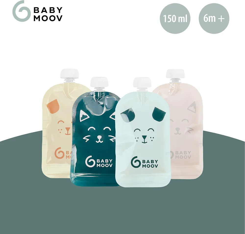 Babymoov 20 Gourdes Réutilisables pour Bébé et Enfant, Contenance 150ml, en Plastique Recyclé, sans BPA, 100% Hermétiques, Surface Réinscriptible