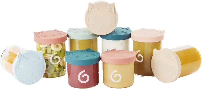 Babymoov ISY BOWLS - 9 Pots de Conservation en Verre Borosilicate Ultra Résistant, 6 Pots Gradués 250ml et 3 de 120ml, Hermétiques et 100% Recyclables