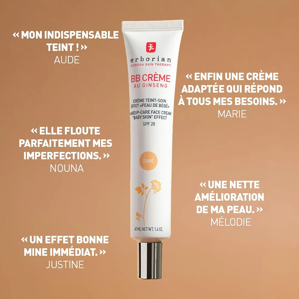 Erborian - BB Crème au Ginseng 5-en-1 - Soin Teinté Perfecteur Effet "Peau de Bébé" - Fond de Teint Couvrant Imperfections - Protection Solaire SPF 20 - Soin Cosmétique Coréen