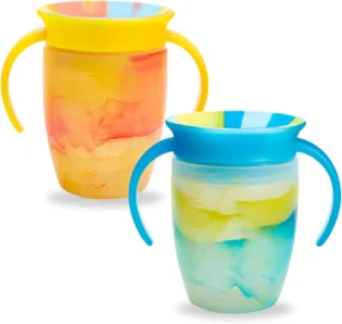 Munchkin Miracle 360 6+ Month 7oz Baby Sippy Cups (2-Pack). Trainer Cup, Spill-Free, Dishwasher-Safe Baby Water Bottle with Easy-Grip Handles. (Blue/Yellow)